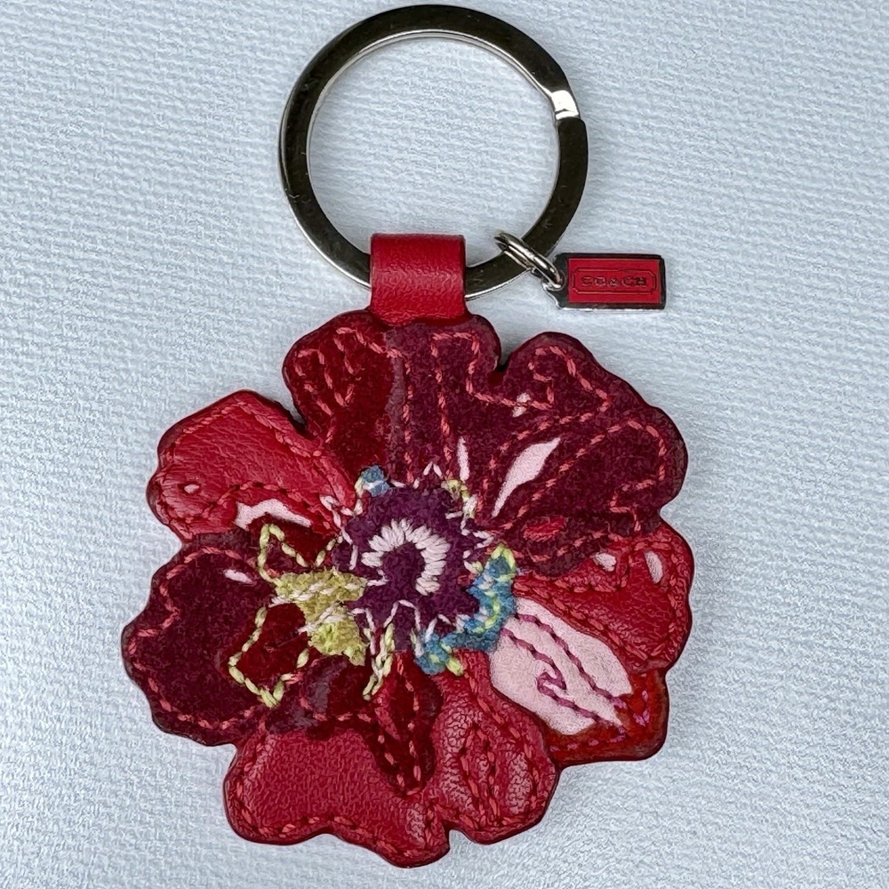 Coach Red Poppy Flower Signature Bag Charm Leather Keychain Fob VTG Y2K - Picture 12 of 16
